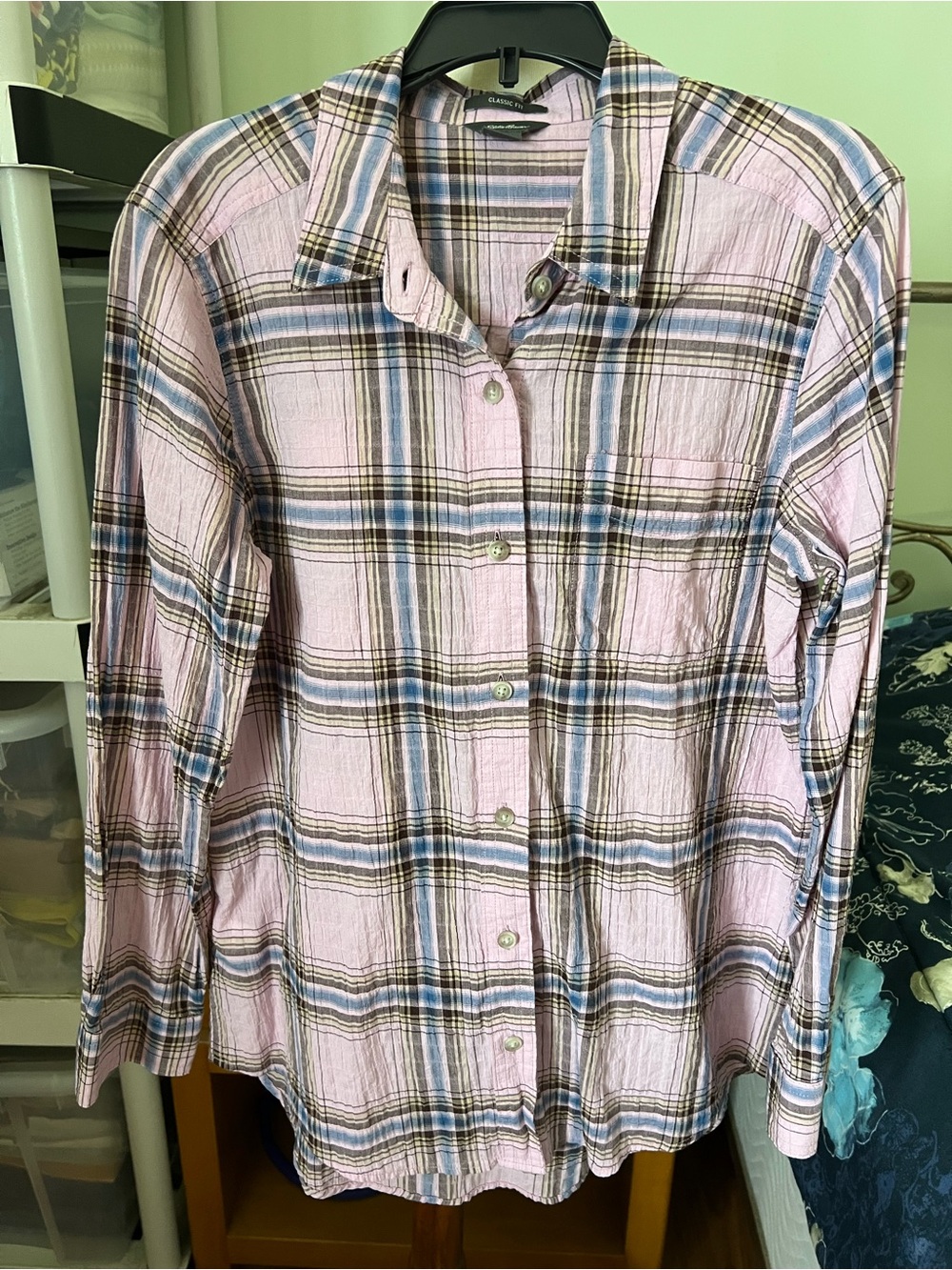 Eddie Bauer Women’s Light Pink Classic Fit Plaid Button-Front Shirt Size PS